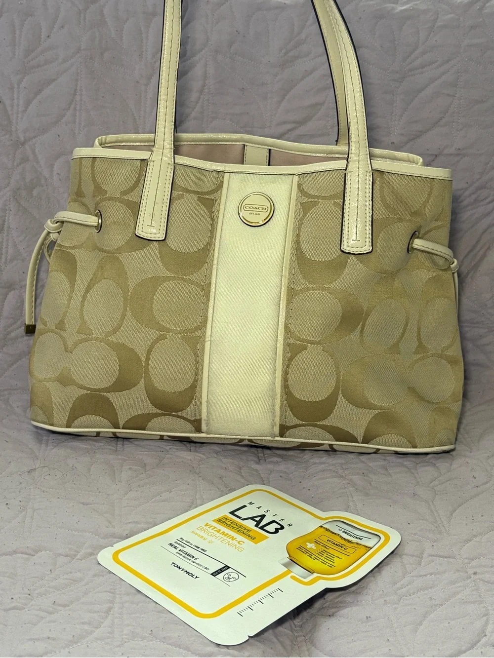 Coach Beige Signature Canvas Tote with Cream Trim